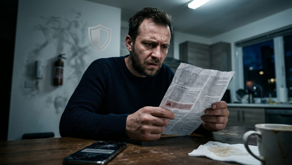 Мужчина 38 лет сидит за современным столом, шокированно смотрит на страховой полис с мелким шрифтом, 